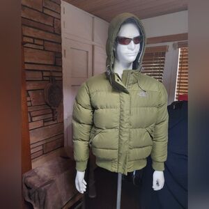 The North Face Goose Down Hooded Bomber Jacket In Olive Green - Size M